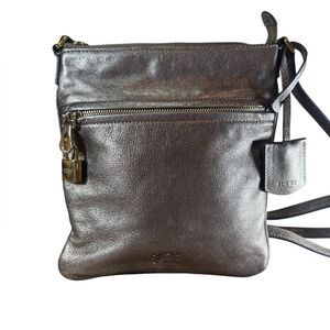 LOEWE Burnished Silver Leather Small Anagram Messenger Crossbody Bag